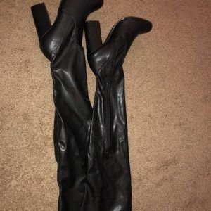 Black pleather thigh high boots